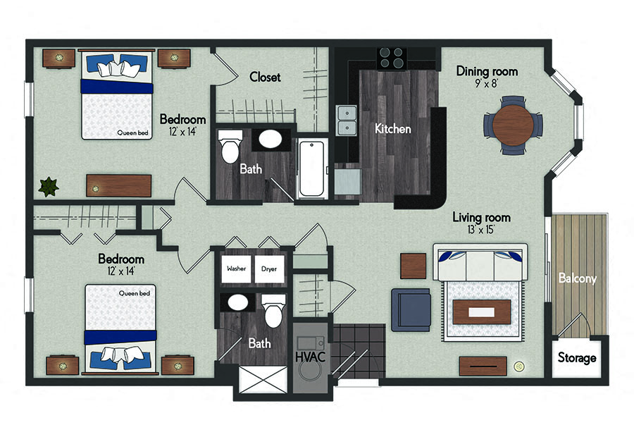 Floor plan for 2 beds, 2 baths, 1204 sqft